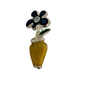 Vtg signed LIA Lianna Enamel Flower In Vase Brooch Pin Blue Yellow Silver Tone
